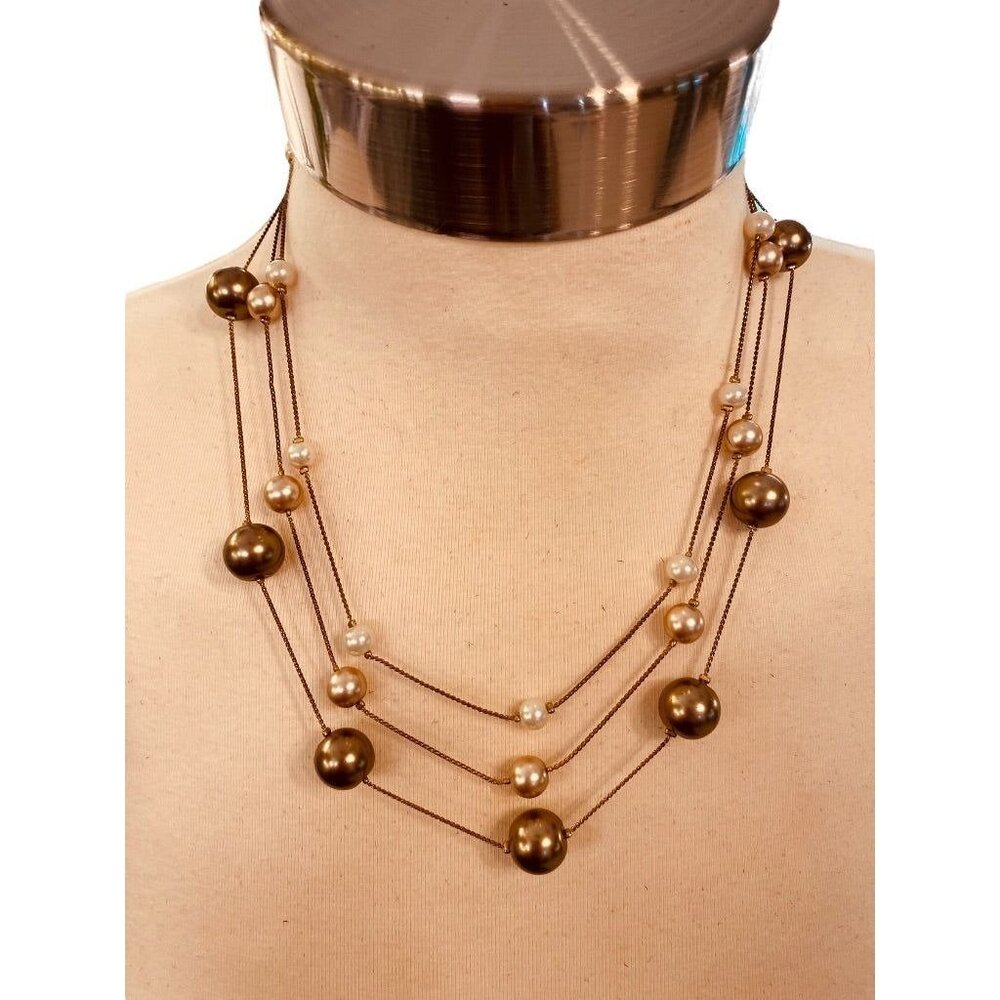 Triple Strand Necklace Layered Look Antiqued Goldtone Multicolor Faux Pearls 16.